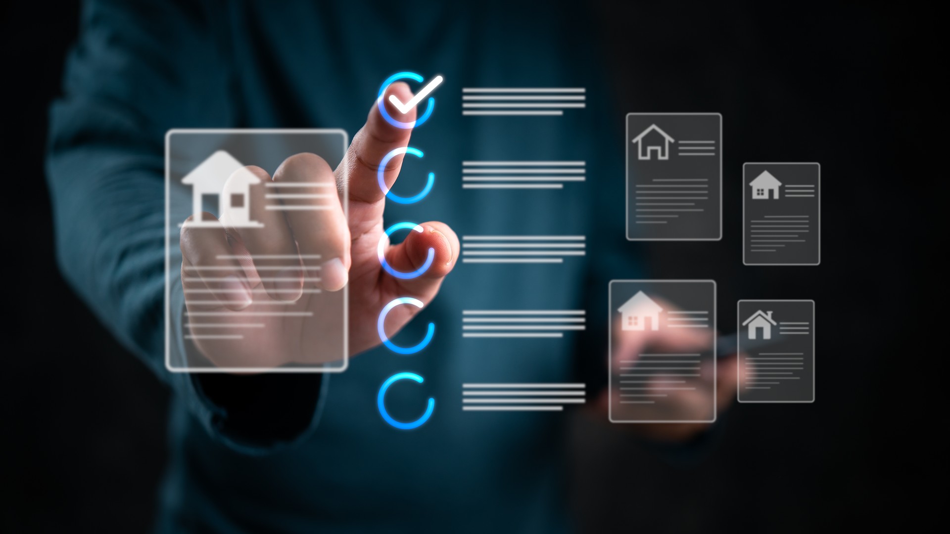 Hand selecting a property from a digital interface. Modern real estate technology, property management. Virtual home buying, selling, investment. Innovative search display.